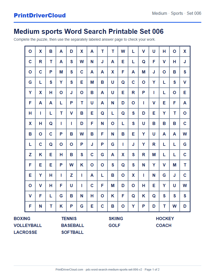 Medium Sports Word Search Printable Set 006 preview