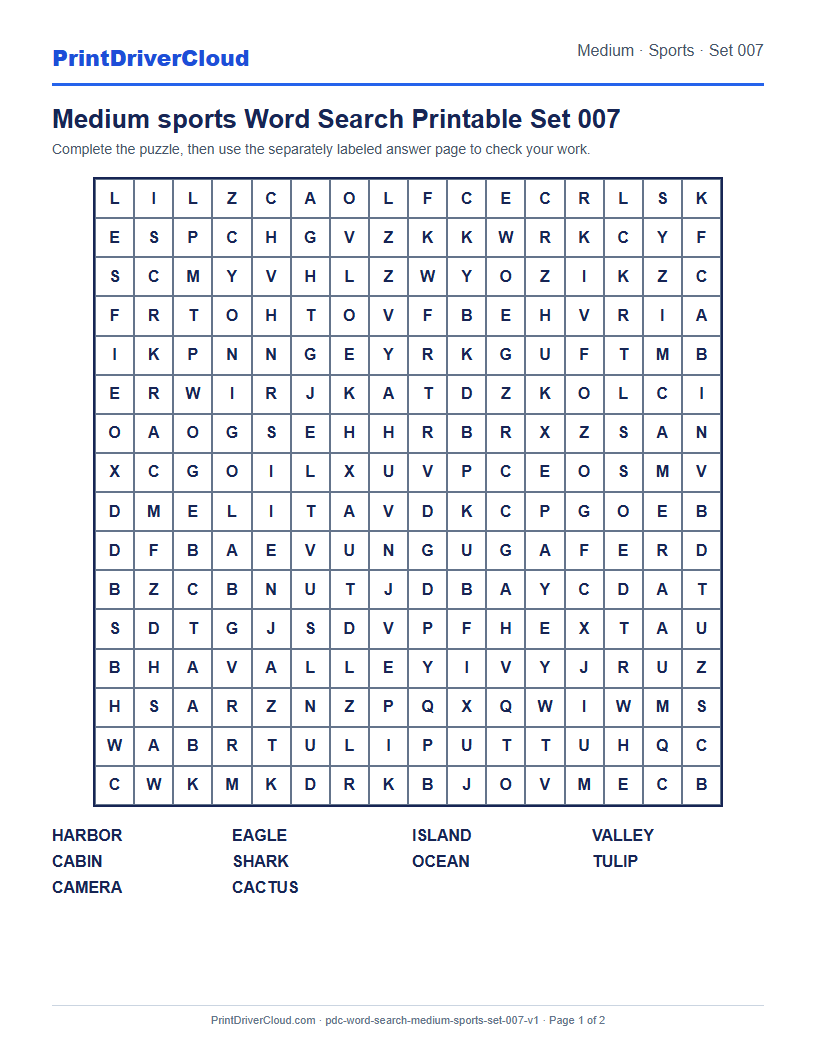 Preview of Medium sports Word Search Printable Set 007