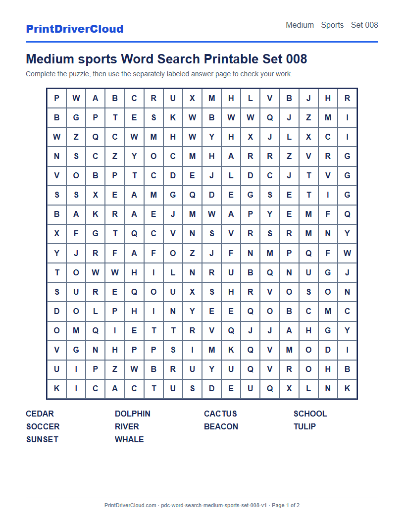 Preview of Medium sports Word Search Printable Set 008