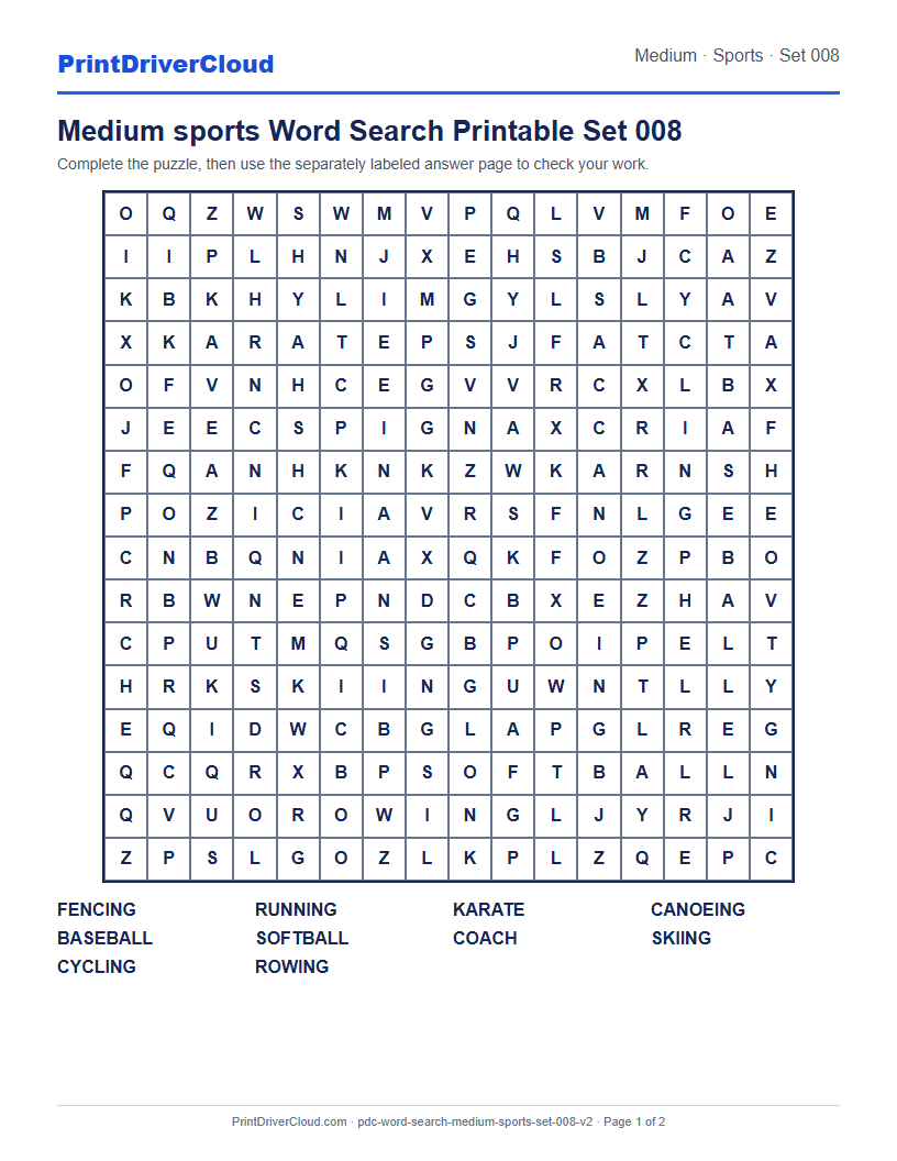 Medium Sports Word Search Printable Set 008 preview