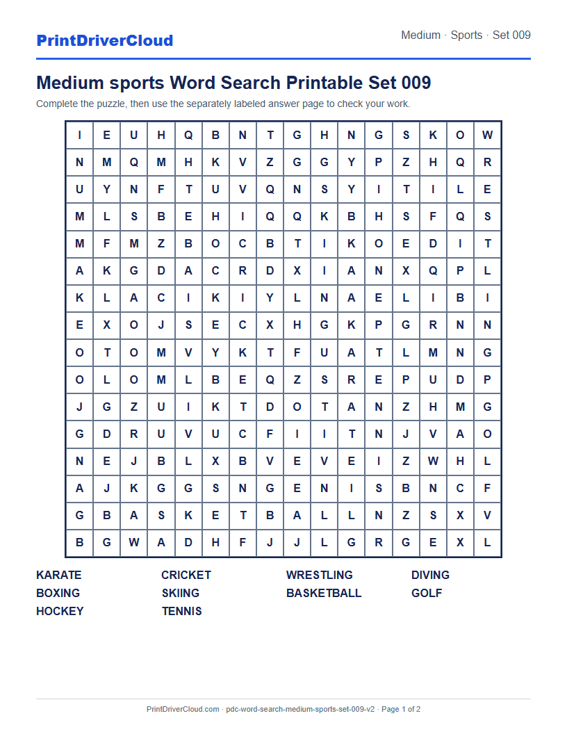 Medium Sports Word Search Printable Set 009 preview