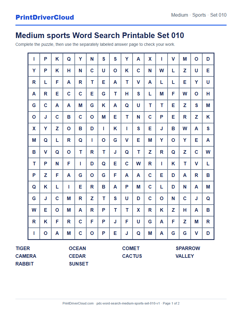 Preview of Medium sports Word Search Printable Set 010