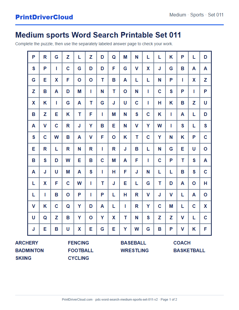 Medium Sports Word Search Printable Set 011 preview