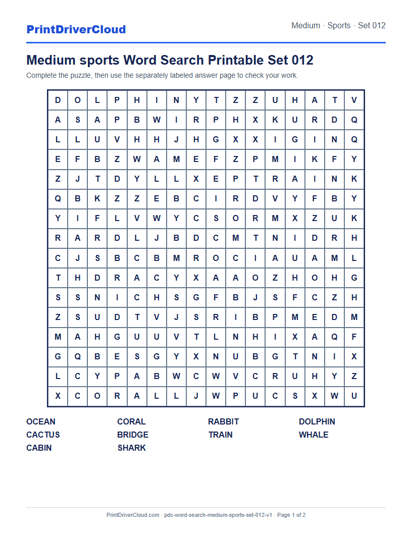 Preview of Medium sports Word Search Printable Set 012
