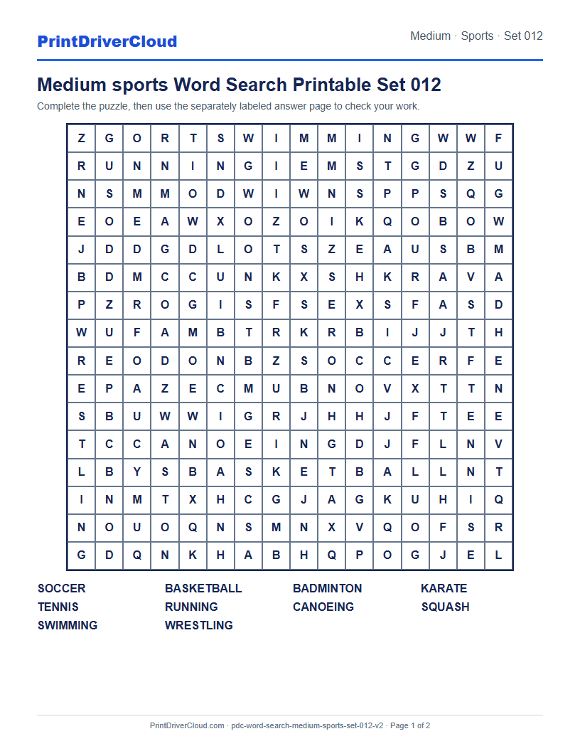 Medium Sports Word Search Printable Set 012 preview