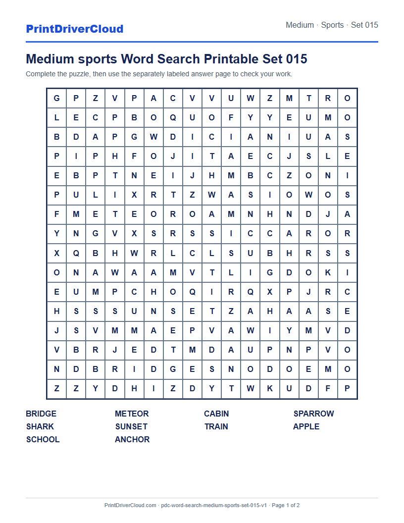 Preview of Medium sports Word Search Printable Set 015