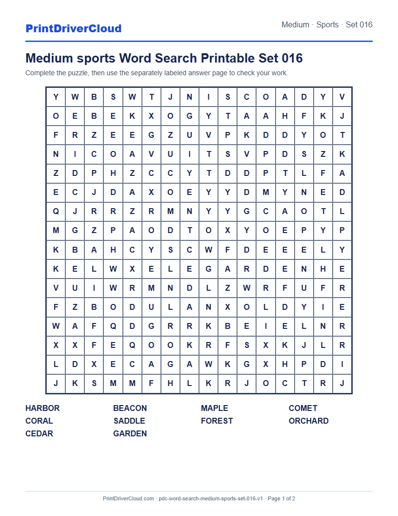 Preview of Medium sports Word Search Printable Set 016