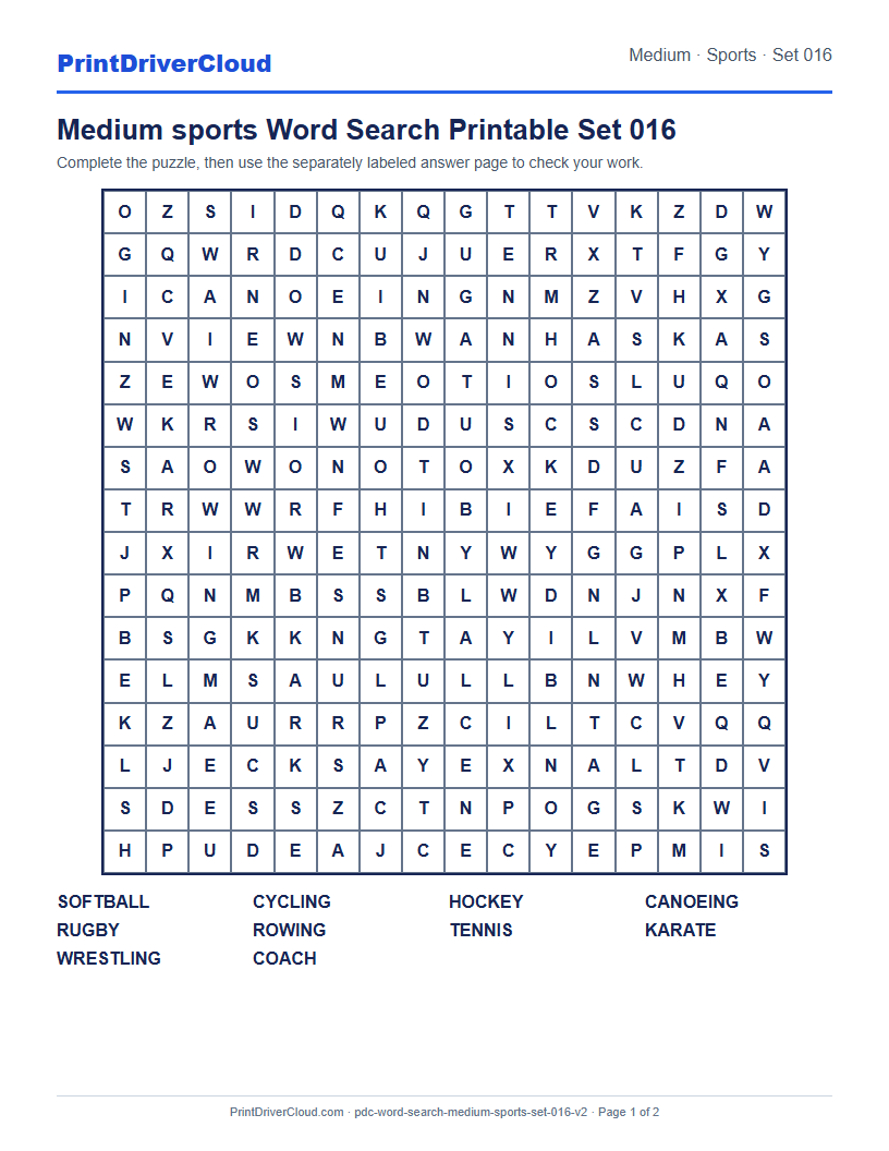 Medium Sports Word Search Printable Set 016 preview