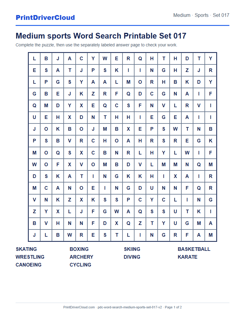 Medium Sports Word Search Printable Set 017 preview
