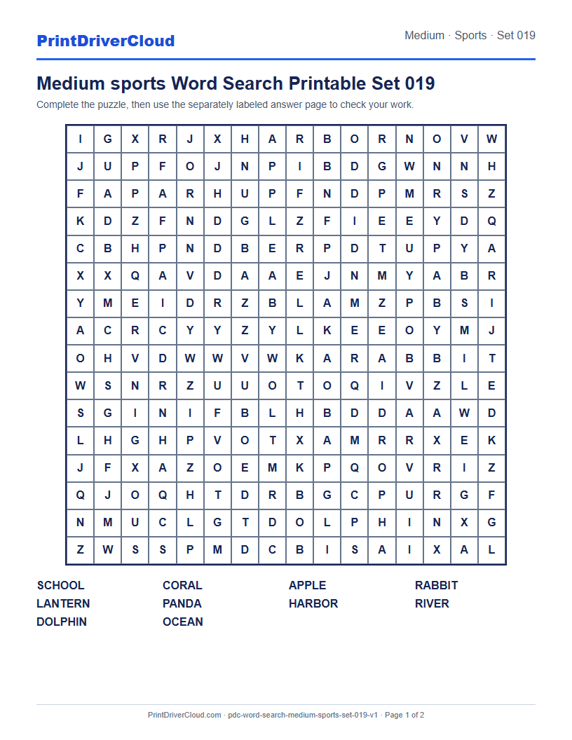 Preview of Medium sports Word Search Printable Set 019