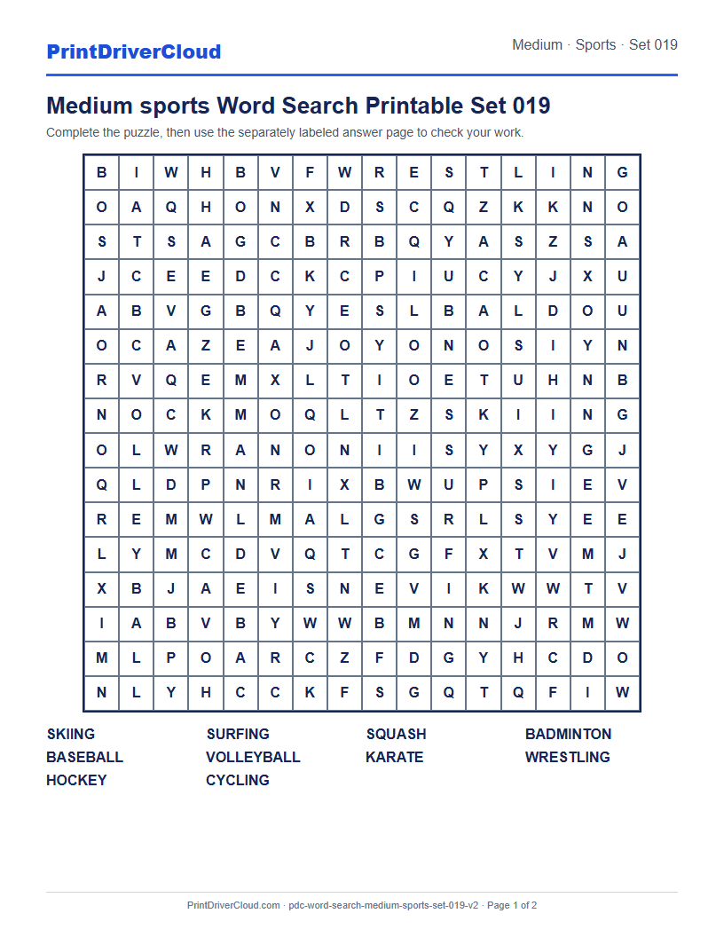 Medium Sports Word Search Printable Set 019 preview