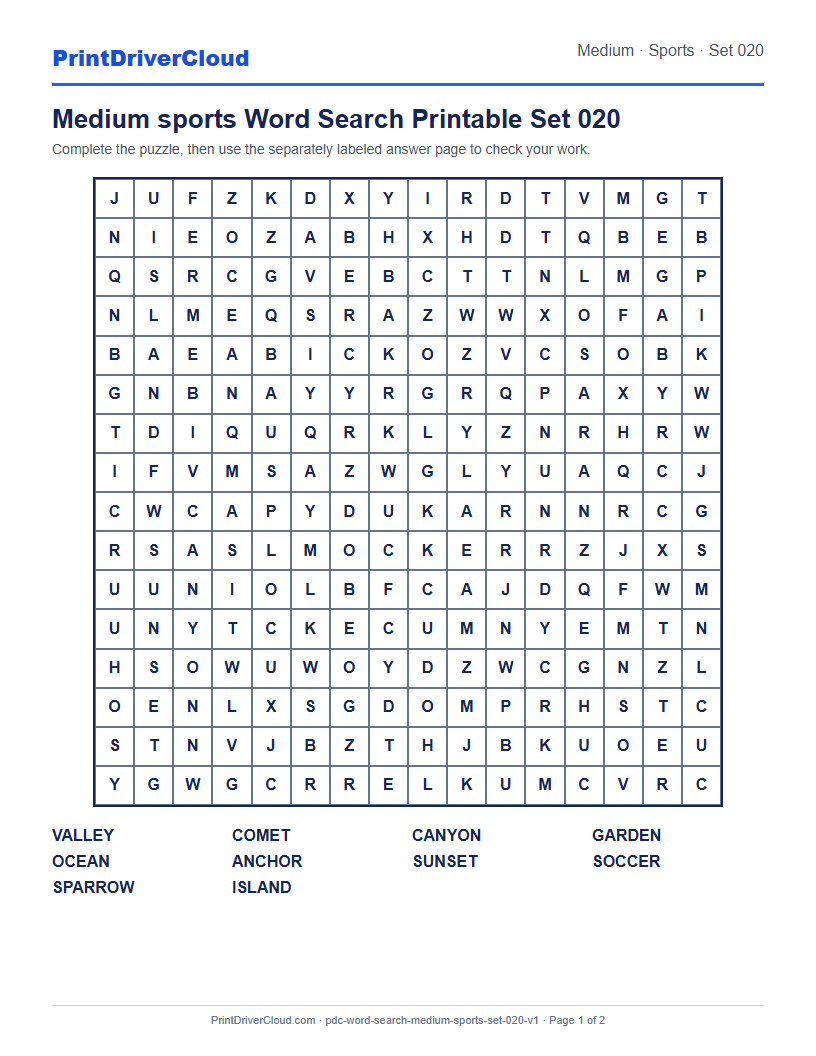 Preview of Medium sports Word Search Printable Set 020