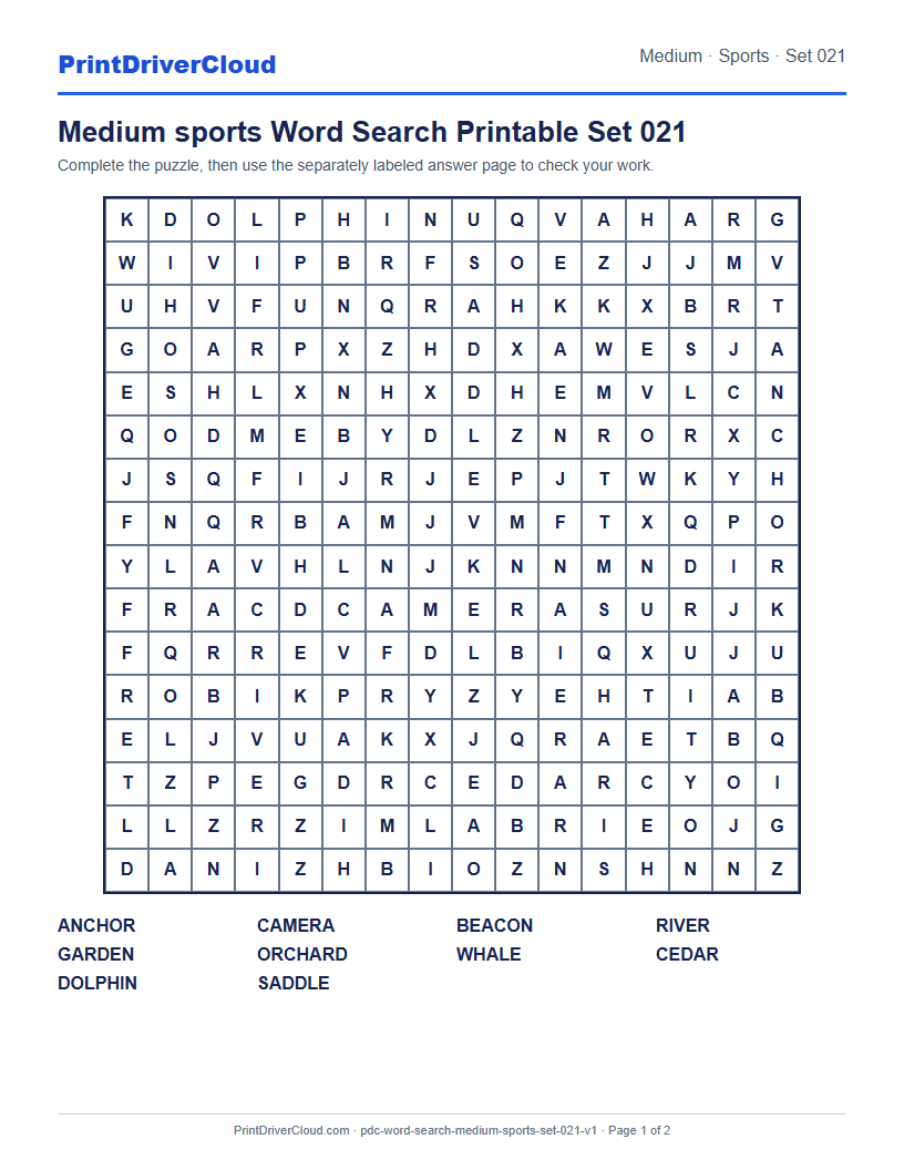 Preview of Medium sports Word Search Printable Set 021