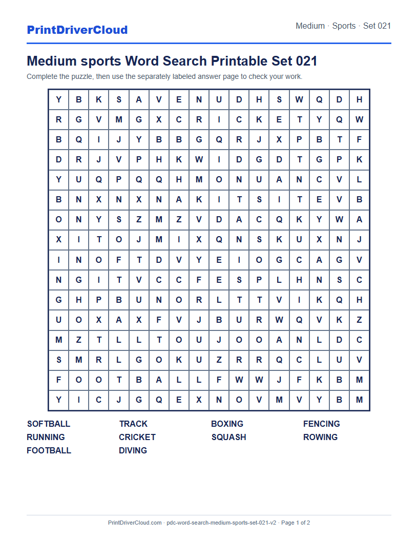 Medium Sports Word Search Printable Set 021 preview