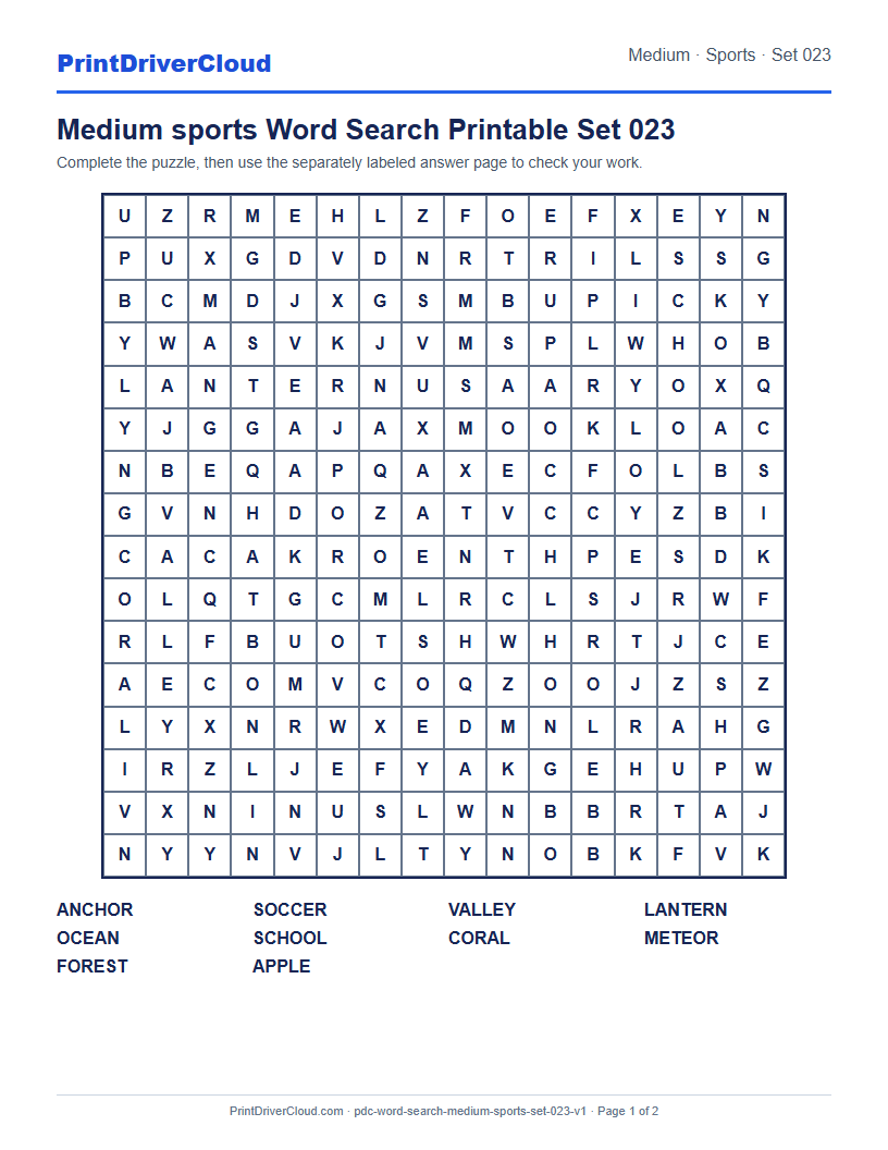 Preview of Medium sports Word Search Printable Set 023