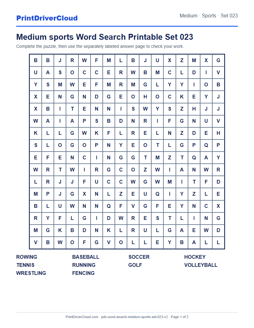 Medium Sports Word Search Printable Set 023 preview