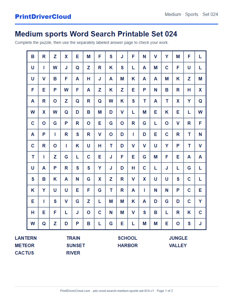 Preview of Medium sports Word Search Printable Set 024