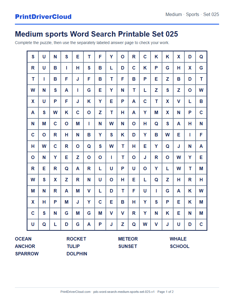 Preview of Medium sports Word Search Printable Set 025