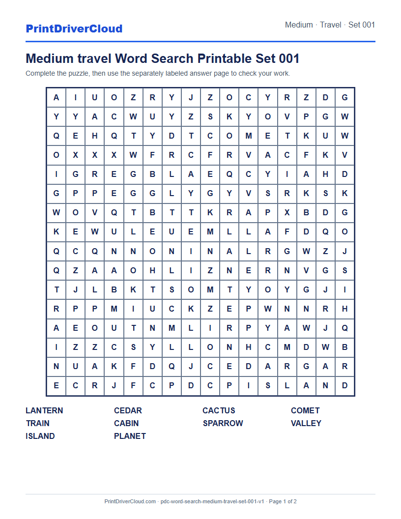 Preview of Medium travel Word Search Printable Set 001