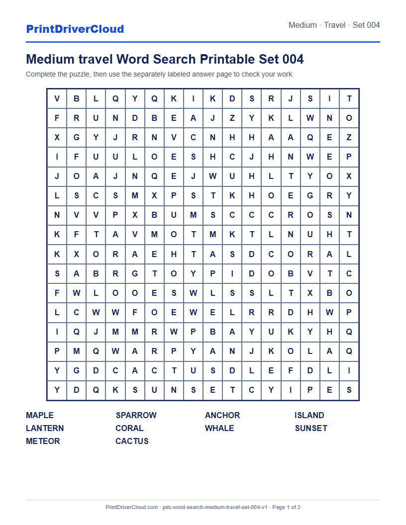 Preview of Medium travel Word Search Printable Set 004