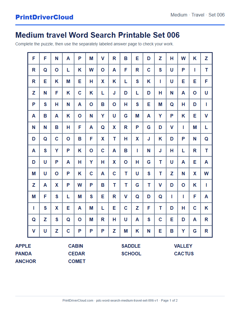 Preview of Medium travel Word Search Printable Set 006