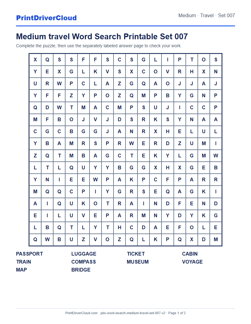 Medium Travel Word Search Printable Set 007 preview
