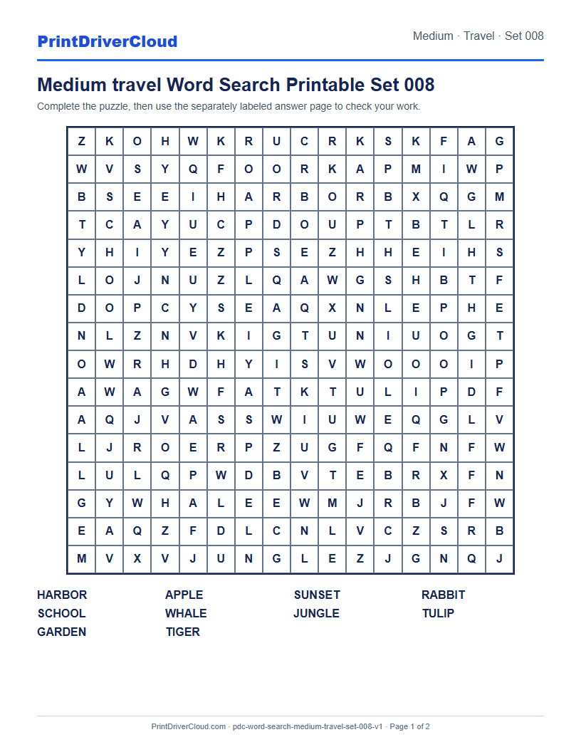 Preview of Medium travel Word Search Printable Set 008