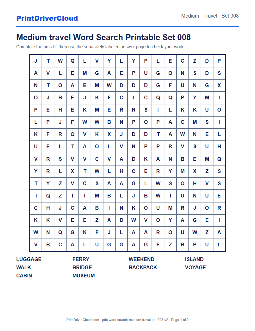 Medium Travel Word Search Printable Set 008 preview