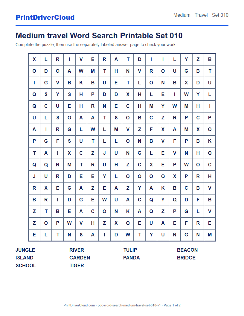Preview of Medium travel Word Search Printable Set 010