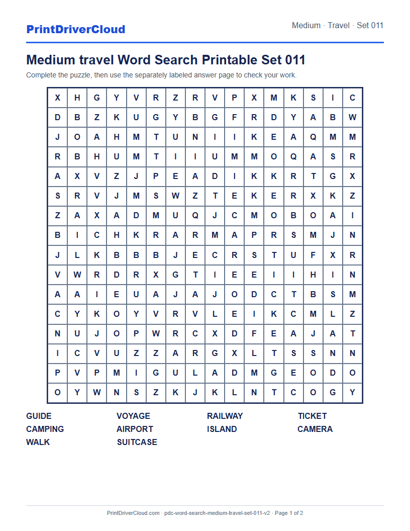Medium Travel Word Search Printable Set 011 preview