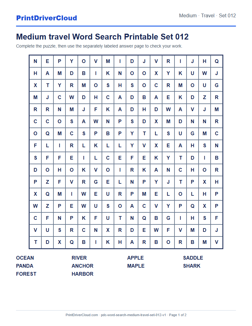 Preview of Medium travel Word Search Printable Set 012