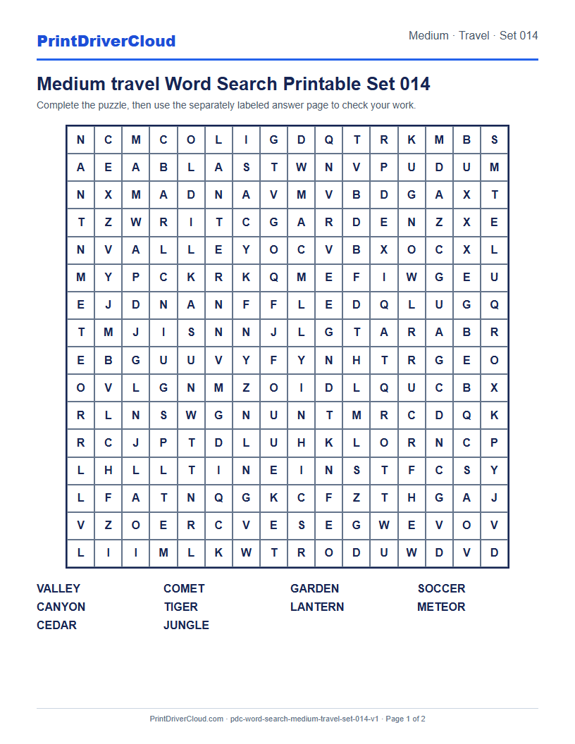 Preview of Medium travel Word Search Printable Set 014