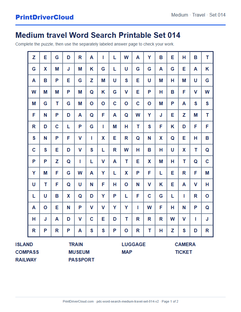 Medium Travel Word Search Printable Set 014 preview