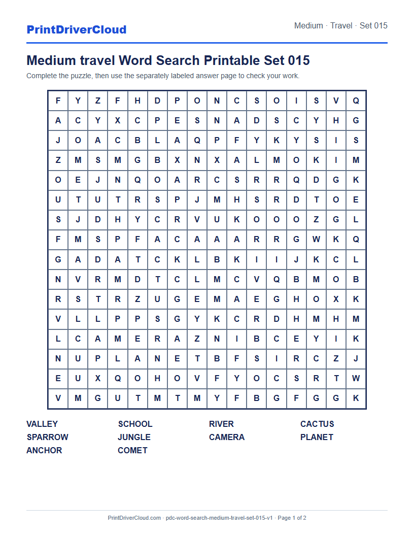 Preview of Medium travel Word Search Printable Set 015
