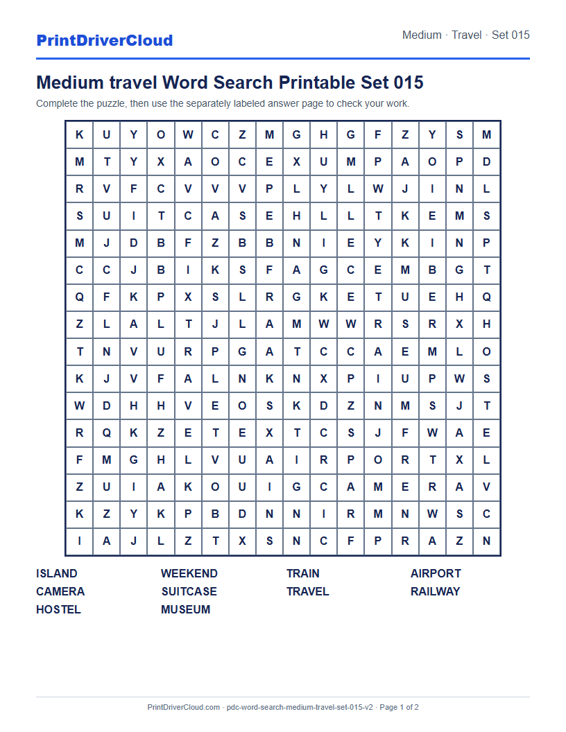 Medium Travel Word Search Printable Set 015 preview