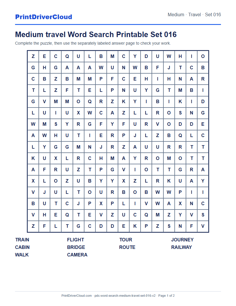 Medium Travel Word Search Printable Set 016 preview