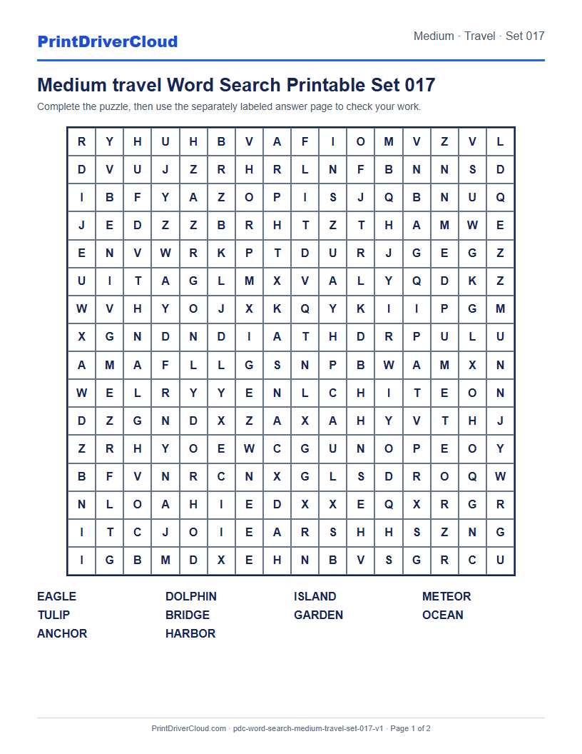 Preview of Medium travel Word Search Printable Set 017