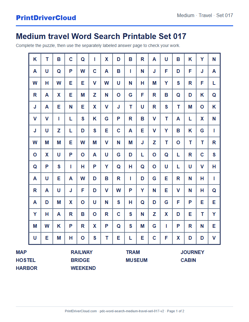 Medium Travel Word Search Printable Set 017 preview