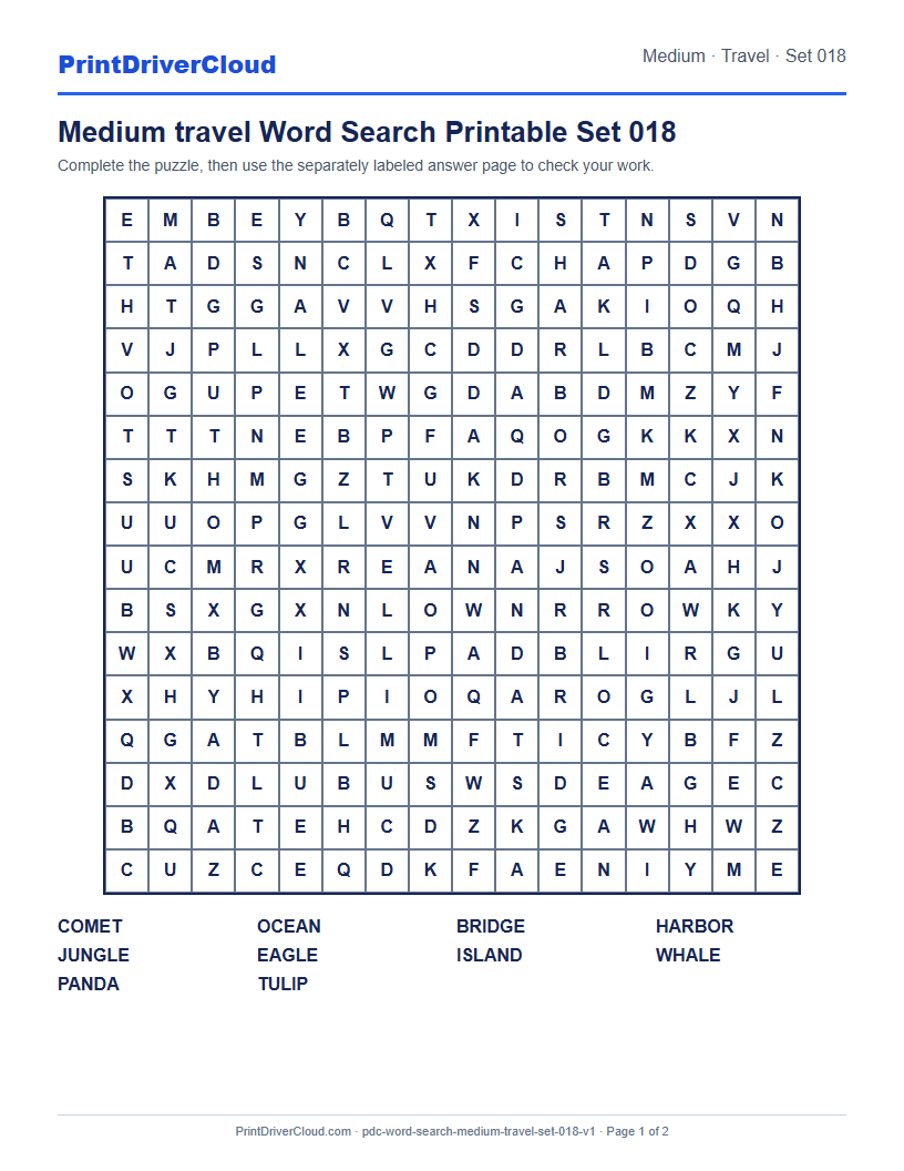 Preview of Medium travel Word Search Printable Set 018
