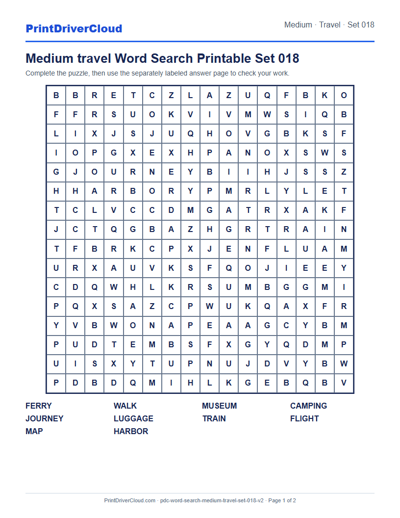 Medium Travel Word Search Printable Set 018 preview