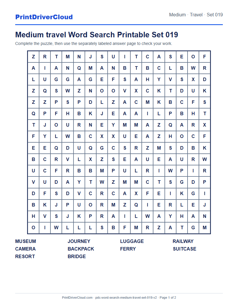 Medium Travel Word Search Printable Set 019 preview