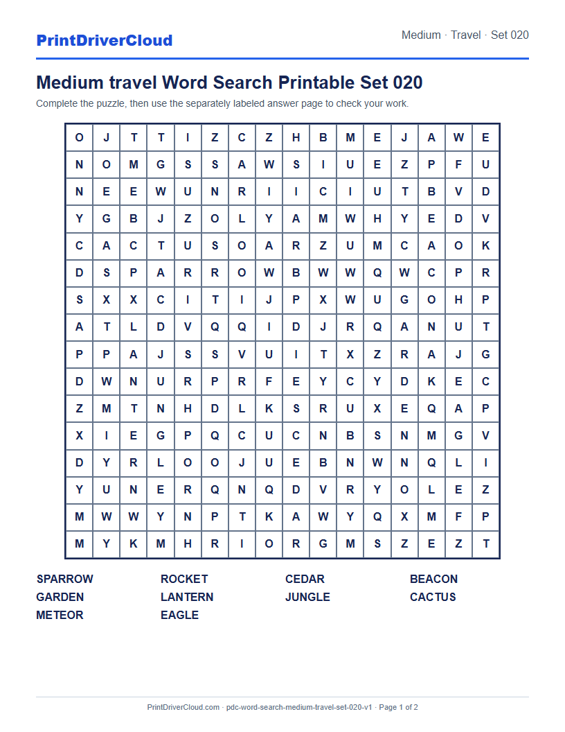 Preview of Medium travel Word Search Printable Set 020