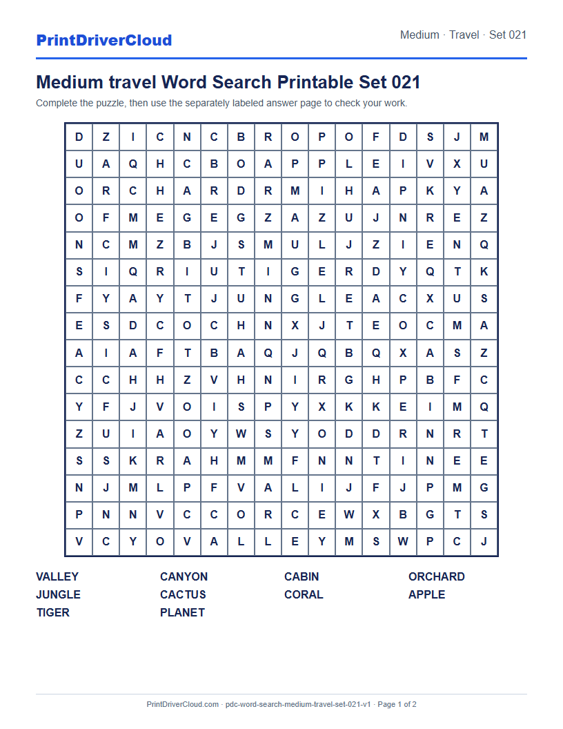 Preview of Medium travel Word Search Printable Set 021