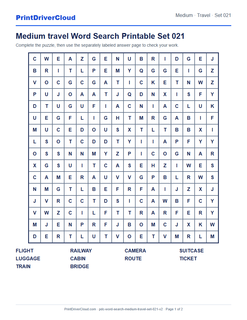 Medium Travel Word Search Printable Set 021 preview