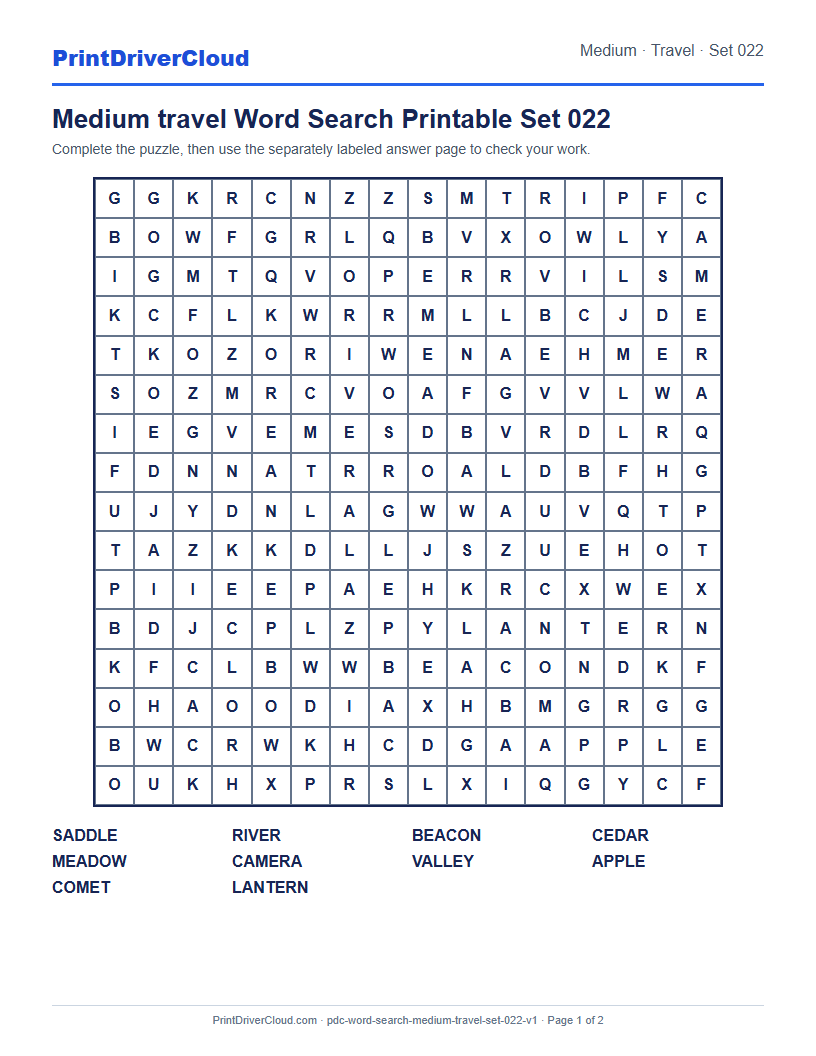 Preview of Medium travel Word Search Printable Set 022