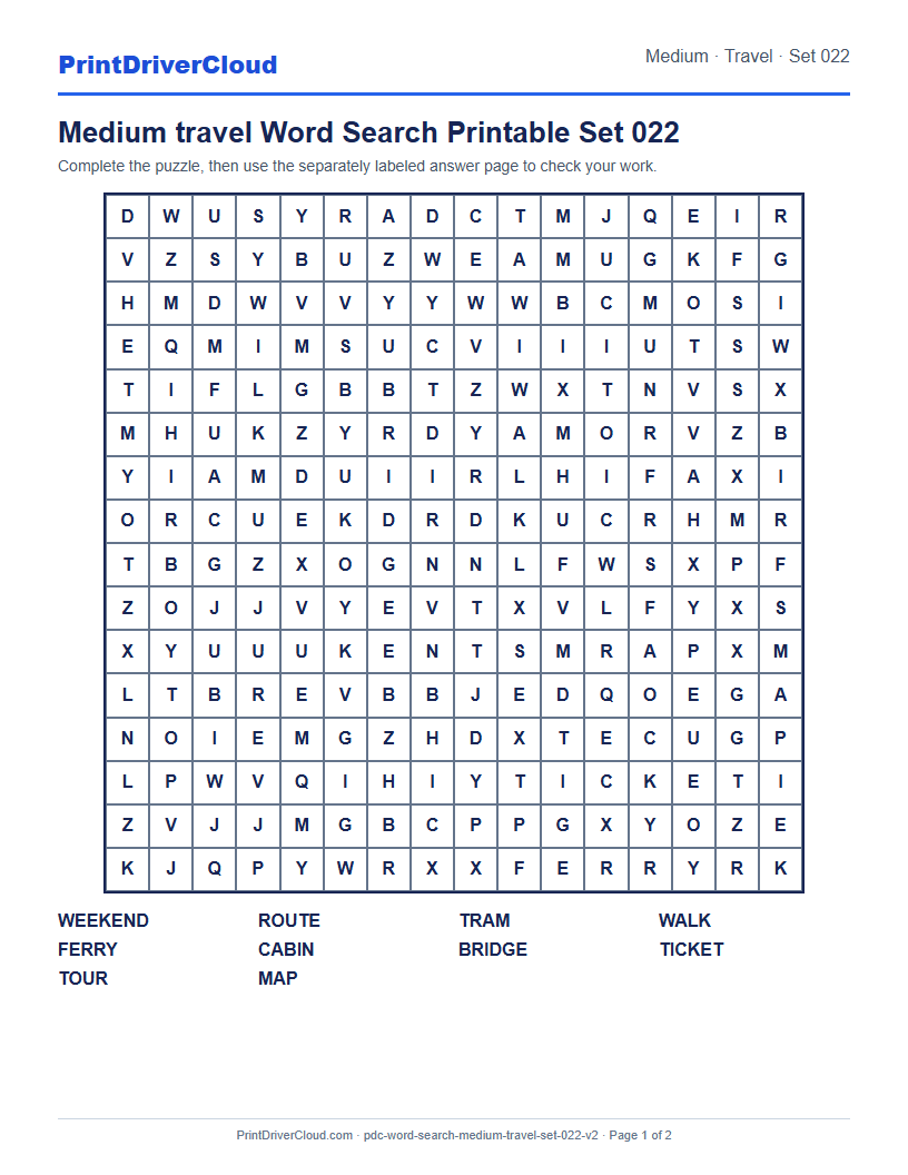 Medium Travel Word Search Printable Set 022 preview