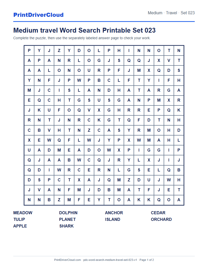 Preview of Medium travel Word Search Printable Set 023