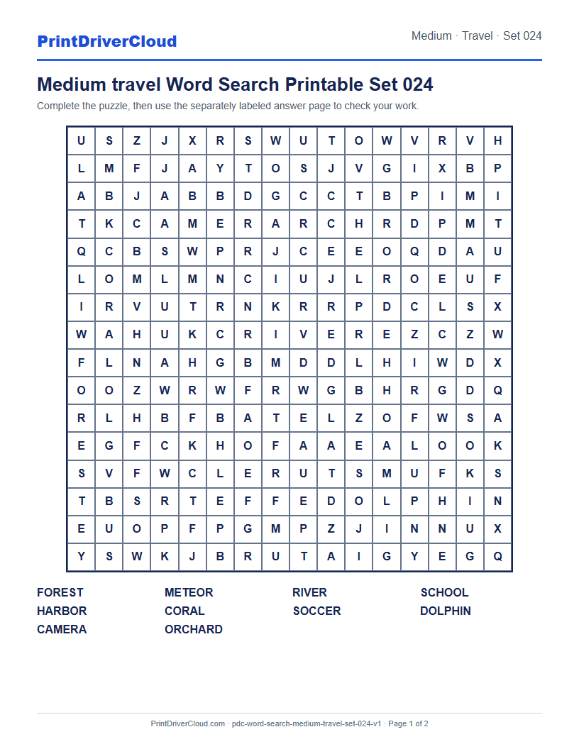 Preview of Medium travel Word Search Printable Set 024