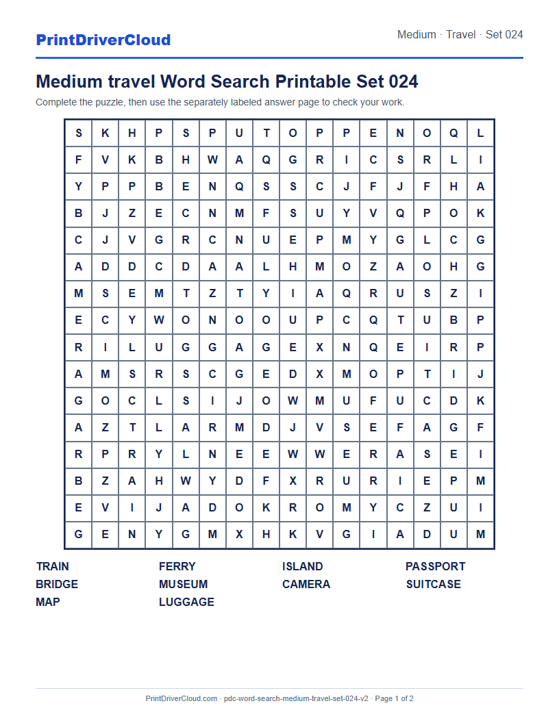 Medium Travel Word Search Printable Set 024 preview