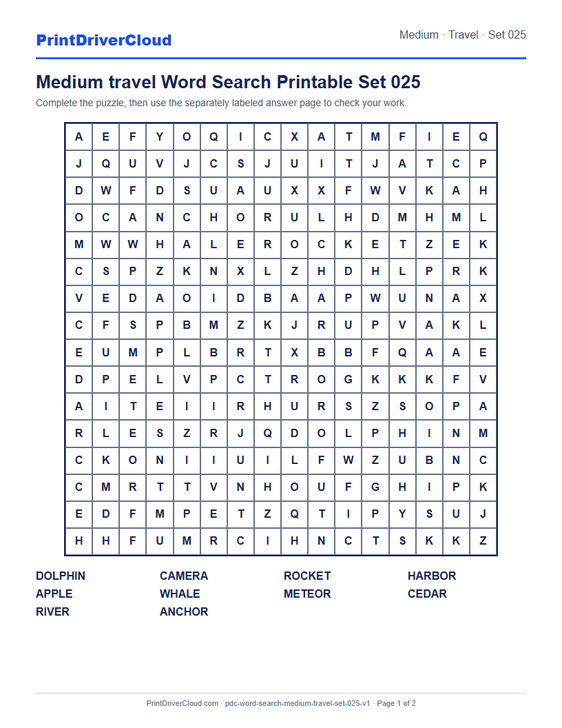 Preview of Medium travel Word Search Printable Set 025